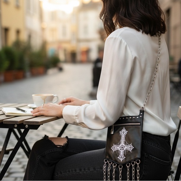 Black Crossbody Bag with Chain Detail - Picture 2 of 6